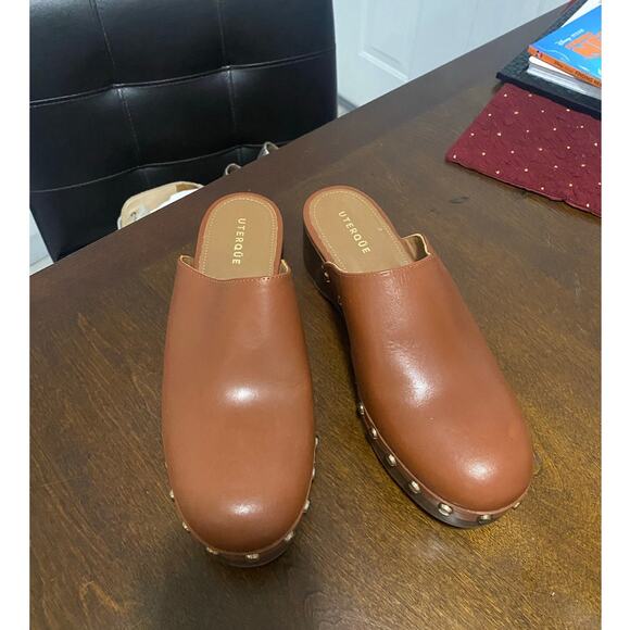 Uterque Brown Leather Clogs Slip On Shoes Sz 38 / 7.5 Boho - Picture 2 of 9